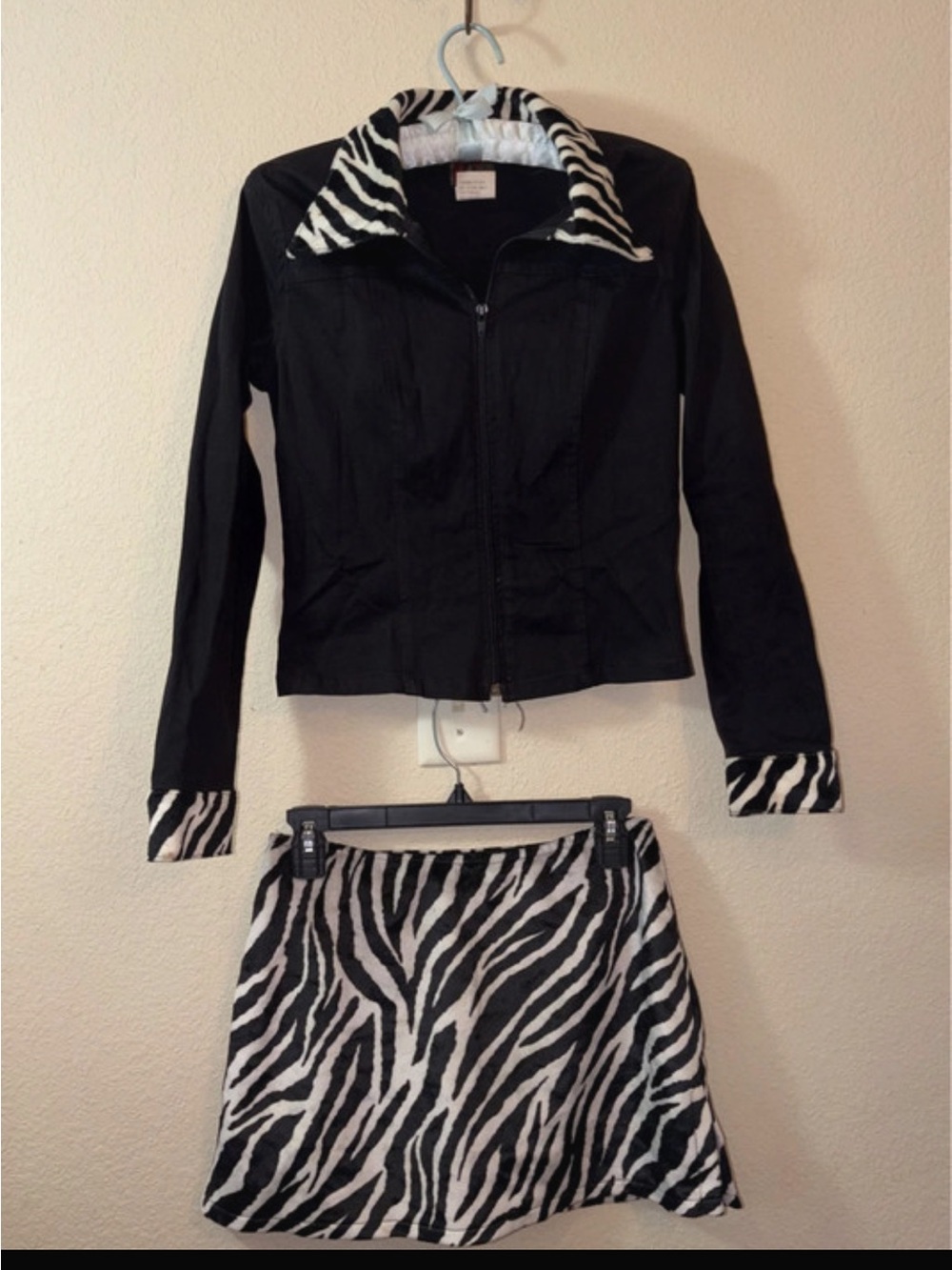 MOE vintage y2k Makeover Essentials Black Jacket with Zebra-Print Trim and Skirt